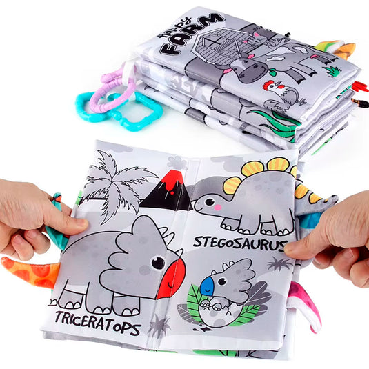 Libro sensorial de tela de contraste para bebé, con diferentes texturas y sonidos al tacto, hecho en material suave e hipoalergénico