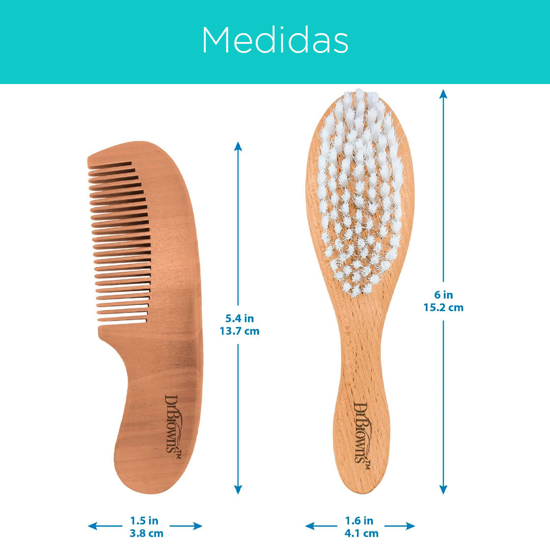 Set de peine y cepillo en madera para bebé, con cerdas suaves pero lo suficientemente fuerte para todo tipo de cabellos, ideal para su crecimiento - Dr Brown's