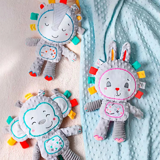 Peluche multisensorial con diseño de animalitos para bebé, hecho en material resistente, suave e hipoalergénico, juguete de apego con distintas texturas, cascabel