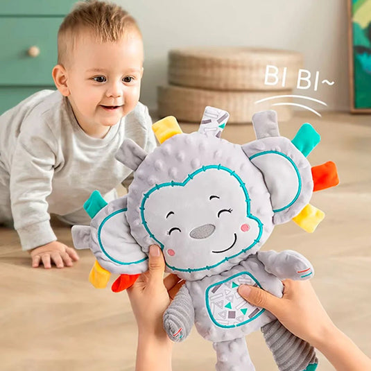 Peluche multisensorial con diseño de animalitos para bebé, hecho en material resistente, suave e hipoalergénico, juguete de apego con distintas texturas, cascabel