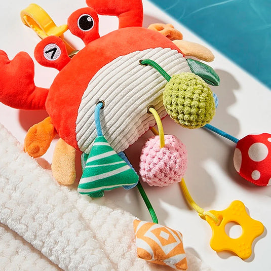 Peluche cangrejo sensorial con función de móvil colgante, juego de estimulación, ideal para llevar contigo o colgar del coche, múltiples texturas de estimulación sensorial