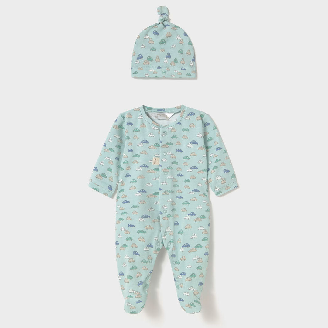 Pijama manga larga estampada con pies cerrados y gorrito, pijama estampada de carritos, gorro a juego, pies cocidos para mayor comodidad - Mayoral