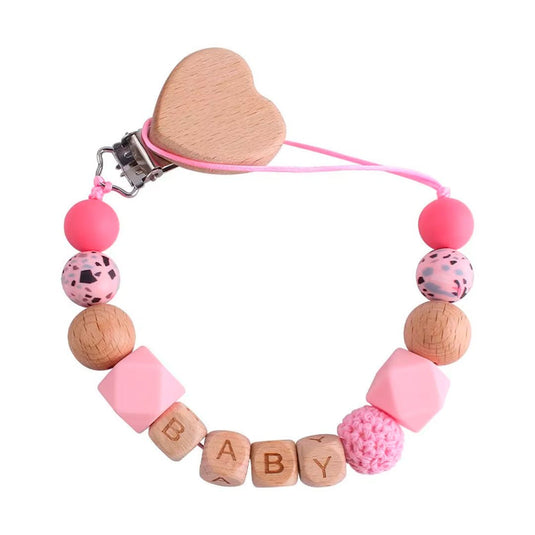 Portachupas con detalles en madera tallada para bebé, con figura de adorno en el gancho, cadena libre de BPA para chupete, soporte en clip para la ropa - Only Baby