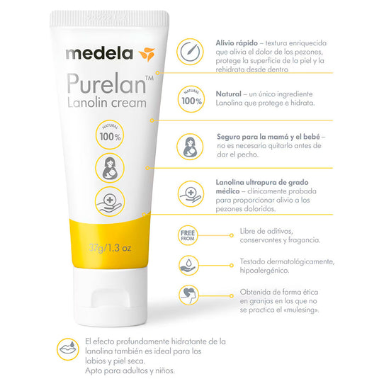 Crema de lanolina Purelan para pezones, de un solo ingrediente 100% natural sin aditivos ni fragancia añadida, dermatológicamente probada - Medela - Cocco Semana 2026