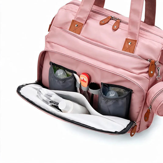 Pañalera bolso de mamá de gran capacidad, con panel tejido, cambiador, portachupos y correa de hombro.
