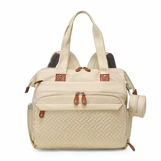Pañalera bolso de mamá de gran capacidad, con panel tejido, cambiador, portachupos y correa de hombro.