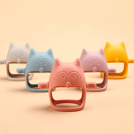 Mordedor rascaencias guante en forma de búho, juguete masticable hecho de silicona suave de grado alimenticio