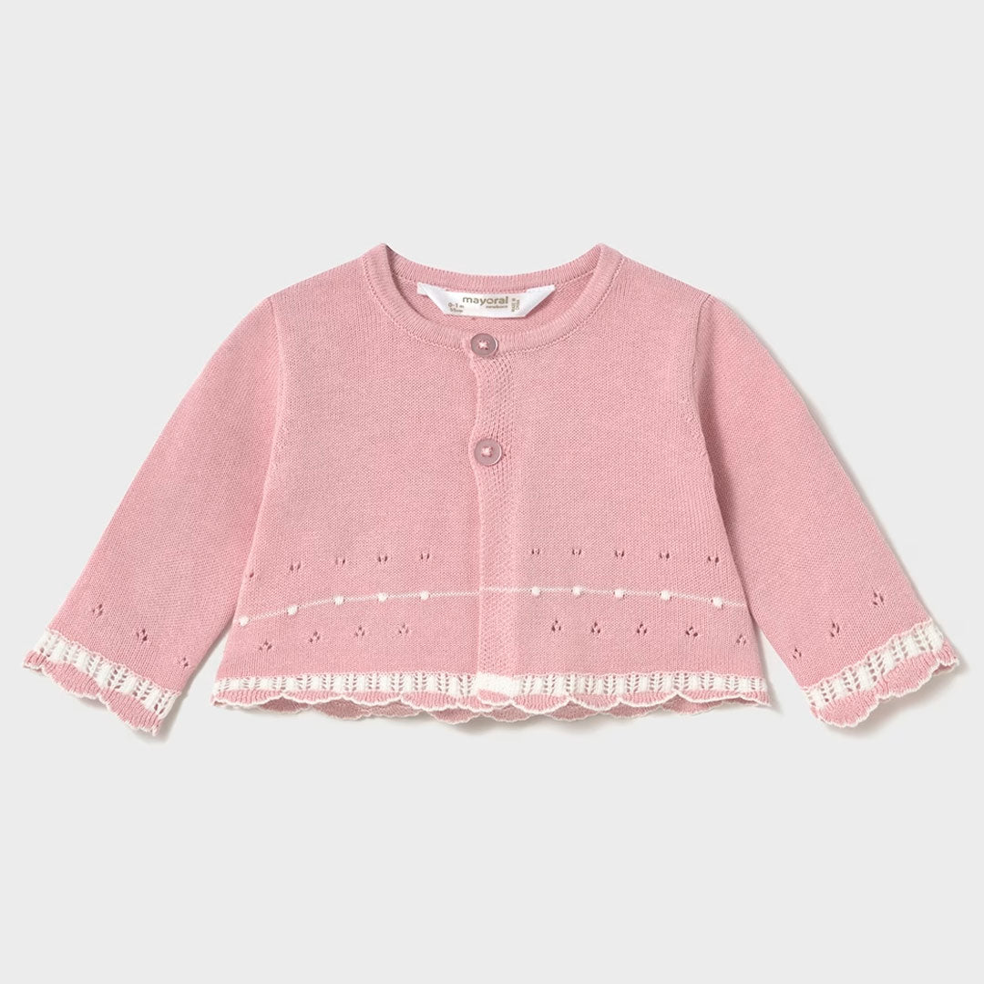 Set 3pz con buzo tejido y panti para bebé, hecho en tela ligera y cómoda, blusa blanca con cuello, buzo rosa con detalles bordados - Mayoral