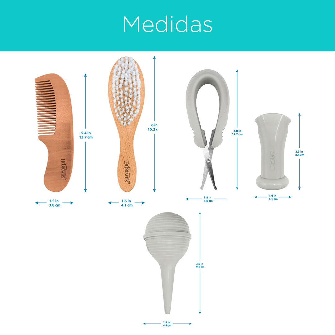 Kit esencial de 4pz para el cuidado del bebé, con tijeras punta redonda para las uñas, cepillo para el cabello, peine con cerdas redondas, aspirador nasal en silicona, 100% libre de BPA - Dr Brown's