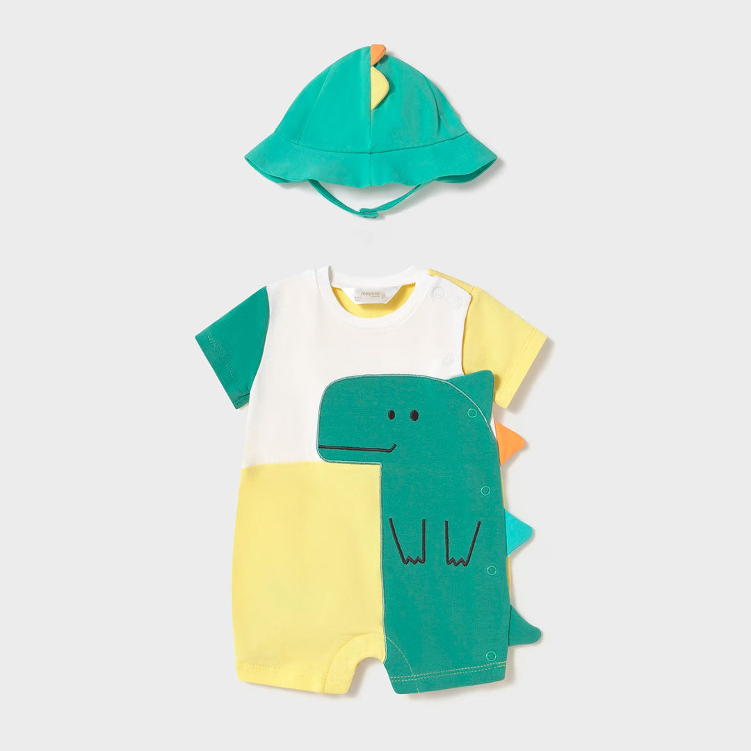 Set mameluco enterizo con diseño dinosaurio y gorrito, ajuste por botones laterales, adorable diseño y colores llamativos, gorro ajustable - Mayoral
