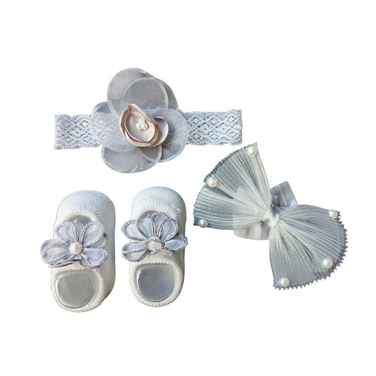 Set x3 unidades con par de medias y balacas para niña, par de calcetines a juego, con textura antideslizante en la suela, lazos de encaje para el cabello con adornos - Color & Life