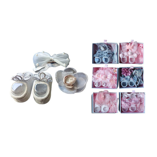 Set x3 unidades con par de medias y balacas para niña, par de calcetines a juego, con textura antideslizante en la suela, lazos de encaje para el cabello con adornos - Color & Life