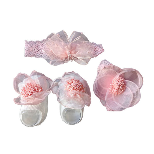 Set x3 unidades con par de medias y balacas para niña, par de calcetines a juego, con textura antideslizante en la suela, lazos de encaje para el cabello con adornos - Color & Life