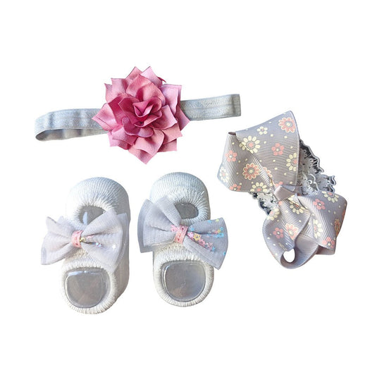 Set x3 unidades con par de medias y balacas para niña, par de calcetines a juego, con textura antideslizante en la suela, lazos de encaje para el cabello con adornos - Color & Life