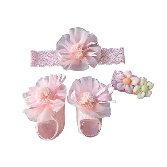 Set x3 unidades con par de medias y balacas para niña, par de calcetines a juego, con textura antideslizante en la suela, lazos de encaje para el cabello con adornos - Color & Life