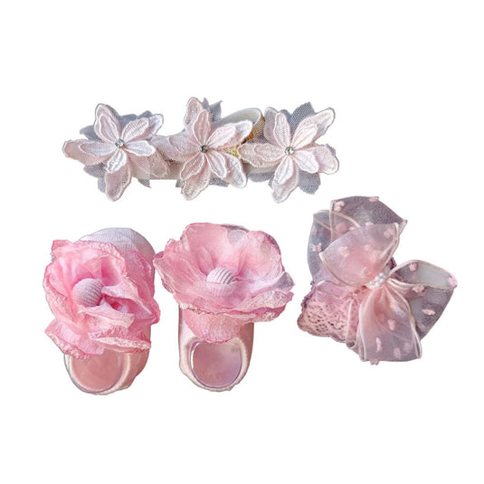 Set x3 unidades con par de medias y balacas para niña, par de calcetines a juego, con textura antideslizante en la suela, lazos de encaje para el cabello con adornos - Color & Life