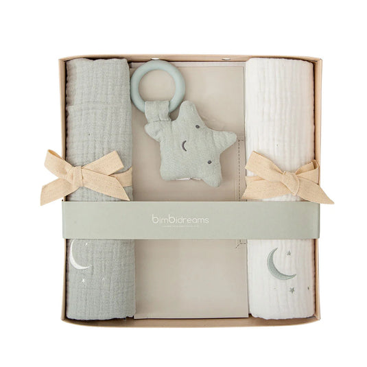 Set regalo de 3pz con 2 gasitas y 1 mordedor de estrella, gasas de muselinas en tela ligera, tejido suave, natural y respirable, mordedor en tela antialérgica en forma de estrellita diseñado para ofrecer suavidad y seguridad - Bimbidreams