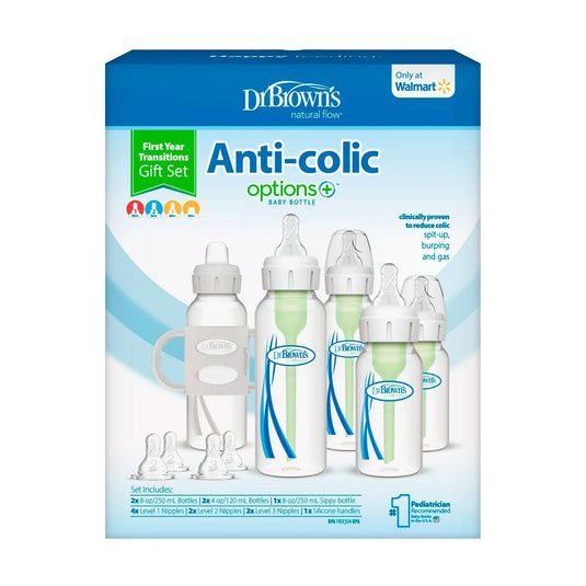 Set de recién nacido teteros Anticólicos Options+ Natural Flow, kit de 14pz con biberones, tetinas repuesto de diferentes etapas, sujetador de teteros en silicona, todo 100% libre de BPA - Dr Brown's