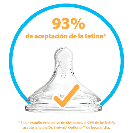 Set regalo 5pz de teteros anticólicos Options+ cepillo y chupa, biberones boca ancha, tetinas de silicona nivel 1, cepillo para lavar teteros, chupa 0-6, diseños estampados - Dr Brown's