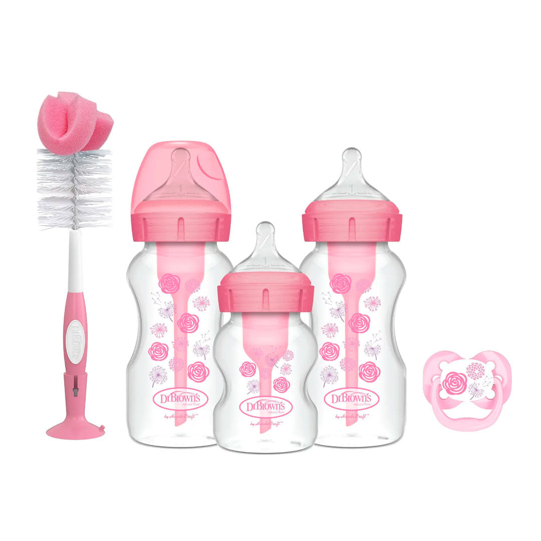Set regalo 5pz de teteros anticólicos Options+ cepillo y chupa, biberones boca ancha, tetinas de silicona nivel 1, cepillo para lavar teteros, chupa 0-6, diseños estampados - Dr Brown's