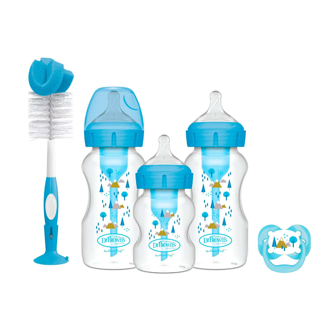 Set regalo 5pz de teteros anticólicos Options+ cepillo y chupa, biberones boca ancha, tetinas de silicona nivel 1, cepillo para lavar teteros, chupa 0-6, diseños estampados - Dr Brown's