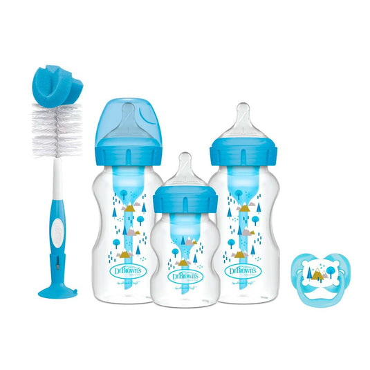 Set regalo 5pz de teteros anticólicos Options+ cepillo y chupa, biberones boca ancha, tetinas de silicona nivel 1, cepillo para lavar teteros, chupa 0-6, diseños estampados - Dr Brown's