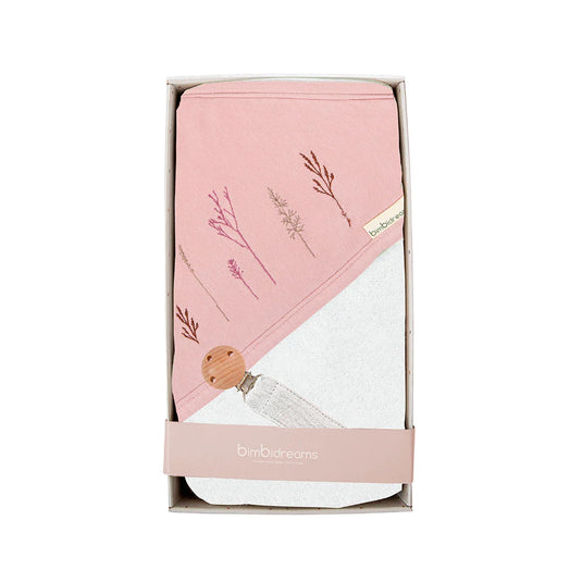 Set de regalo toalla capucha y sujetador, pertenece a la colección Class Dafne de la marca, toalla de gran capacidad de absorción, textura suave al tacto con la piel, sujetador de chupas funcional con clip de sujeción - Bimbidreams