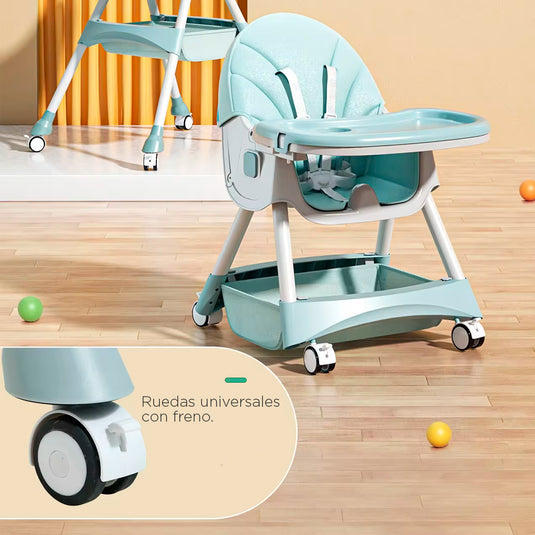 Silla comedor de lujo 3 en 1, asiento multifuncional con sistema de plegado y de reclinado, doble bandeja y ruedas para facilitar su uso - Color&Life
