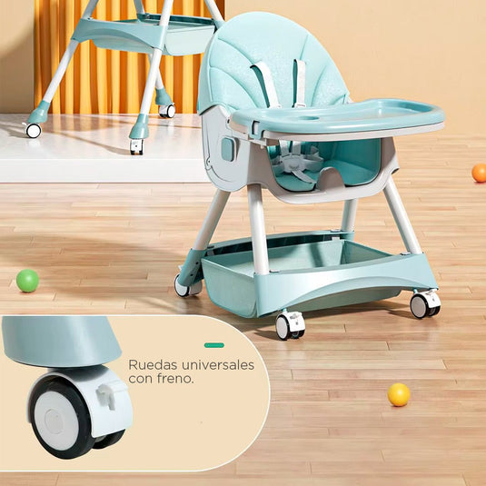 Silla comedor de lujo 3 en 1, asiento multifuncional con sistema de plegado y de reclinado, doble bandeja y ruedas para facilitar su uso - Color&Life
