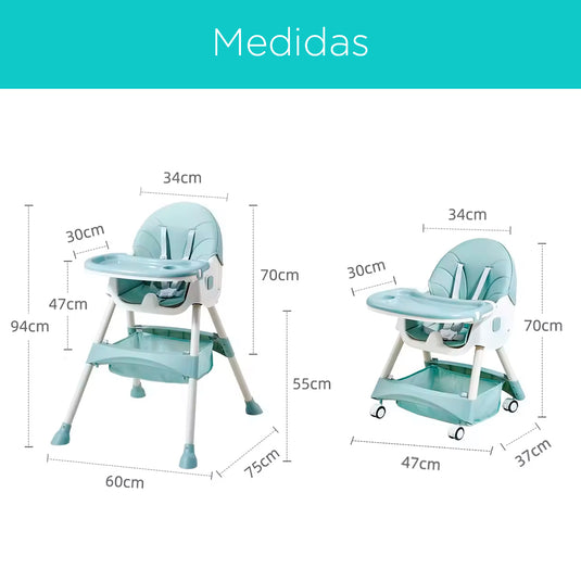 Silla comedor de lujo 3 en 1, asiento multifuncional con sistema de plegado y de reclinado, doble bandeja y ruedas para facilitar su uso - Color&Life