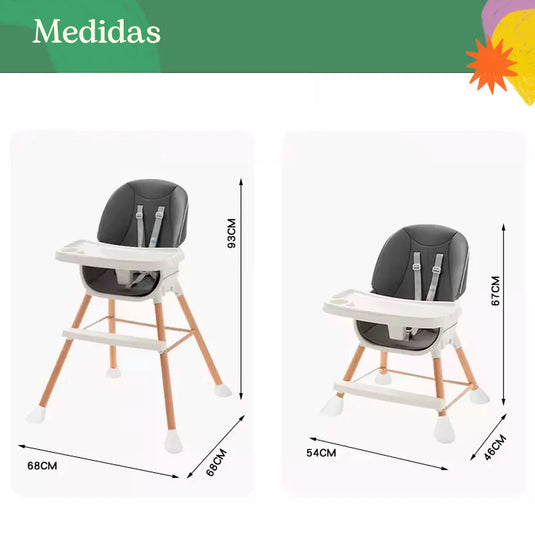 Silla comedor para bebé de 0 a 36 meses con patas de madera, reposapiés y altura ajustable
