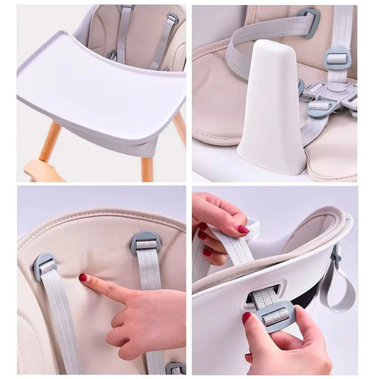 Silla comedor con patas de madera para bebé de 0 a 36 meses, reposapiés y dos alturas ajustables, con bandeja doble posición extraíble
