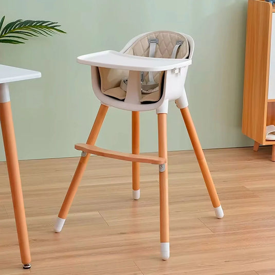 Silla comedor con patas de madera para bebé de 0 a 36 meses, reposapiés y dos alturas ajustables, con bandeja doble posición extraíble