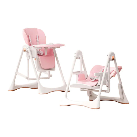 Silla 2en1 comedor y mecedora ajustable para bebé, columpio y comedor, estructura metálica en pirámide para mas estabilidad, bandeja ajustable y removible, ruedas para facilitar su traslado y se pueden quitar para mas estabilidad