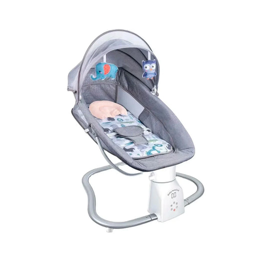 Silla mecedora eléctrica con melodías y mosquitero, con móviles colgantes, tejido de asiento cómodo, arnés de seguridad en 5 puntos, panel de control multifuncional - Hu-Baby