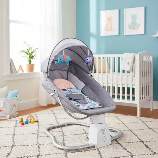 Silla mecedora eléctrica con melodías y mosquitero, con móviles colgantes, tejido de asiento cómodo, arnés de seguridad en 5 puntos, panel de control multifuncional - Hu-Baby