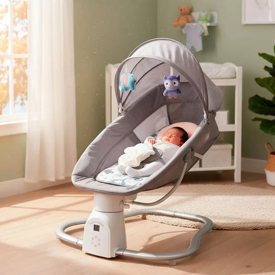 Silla mecedora eléctrica con melodías y mosquitero, con móviles colgantes, tejido de asiento cómodo, arnés de seguridad en 5 puntos, panel de control multifuncional - Hu-Baby