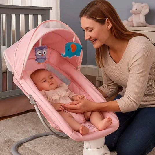 Silla mecedora eléctrica con melodías y mosquitero, con móviles colgantes, tejido de asiento cómodo, arnés de seguridad en 5 puntos, panel de control multifuncional - Hu-Baby