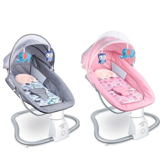 Silla mecedora eléctrica con melodías y mosquitero, con móviles colgantes, tejido de asiento cómodo, arnés de seguridad en 5 puntos, panel de control multifuncional - Hu-Baby