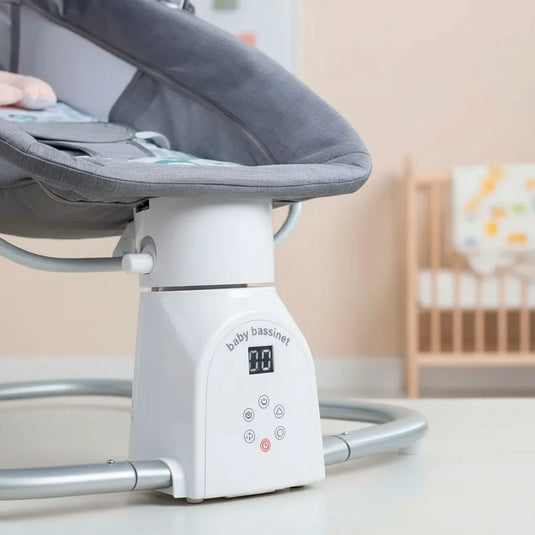 Silla mecedora eléctrica con melodías y mosquitero, con móviles colgantes, tejido de asiento cómodo, arnés de seguridad en 5 puntos, panel de control multifuncional - Hu-Baby
