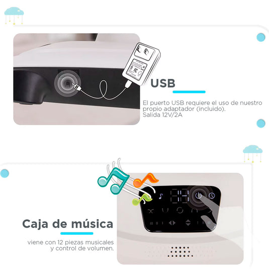 Silla mecedora 360° ajustable y control mediante APP, cuenta con pantalla táctil y control por medio de APP, 5 modos de balanceo, cuenta con 12 melodías grabadas, posiciones de reclinado - Mastela