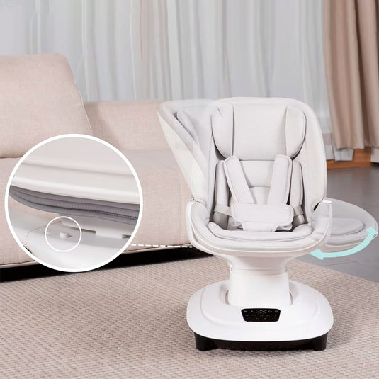 Silla mecedora 360° ajustable y control mediante APP, cuenta con pantalla táctil y control por medio de APP, 5 modos de balanceo, cuenta con 12 melodías grabadas, posiciones de reclinado - Mastela