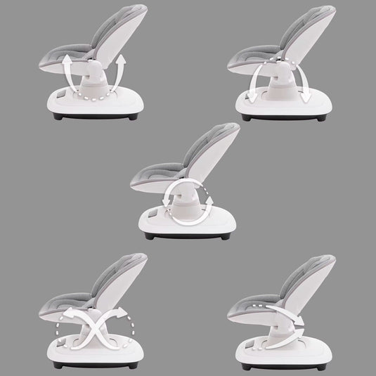 Silla mecedora 360° ajustable y control mediante APP, cuenta con pantalla táctil y control por medio de APP, 5 modos de balanceo, cuenta con 12 melodías grabadas, posiciones de reclinado - Mastela