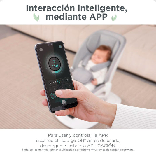 Silla mecedora 360° ajustable y control mediante APP, cuenta con pantalla táctil y control por medio de APP, 5 modos de balanceo, cuenta con 12 melodías grabadas, posiciones de reclinado - Mastela