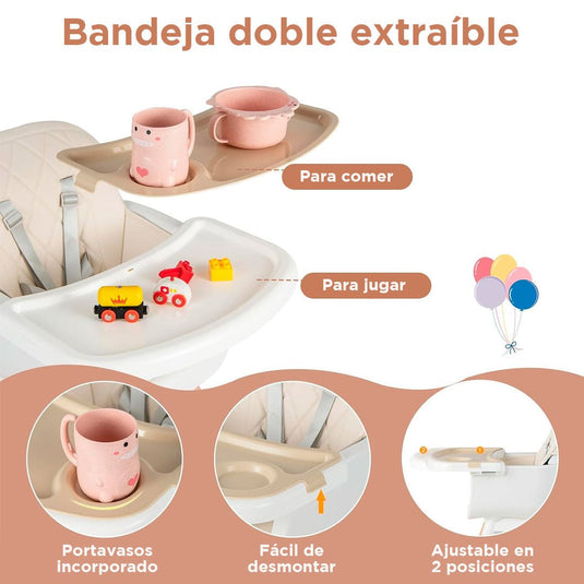 Silla comedor 3 en 1 con patas de madera, ajustable a silla alta, silla comedor y silla baja, doble bandeja extraíble, arnés de seguridad, forro impermeable