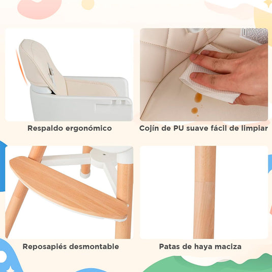 Silla comedor 3 en 1 con patas de madera, ajustable a silla alta, silla comedor y silla baja, doble bandeja extraíble, arnés de seguridad, forro impermeable