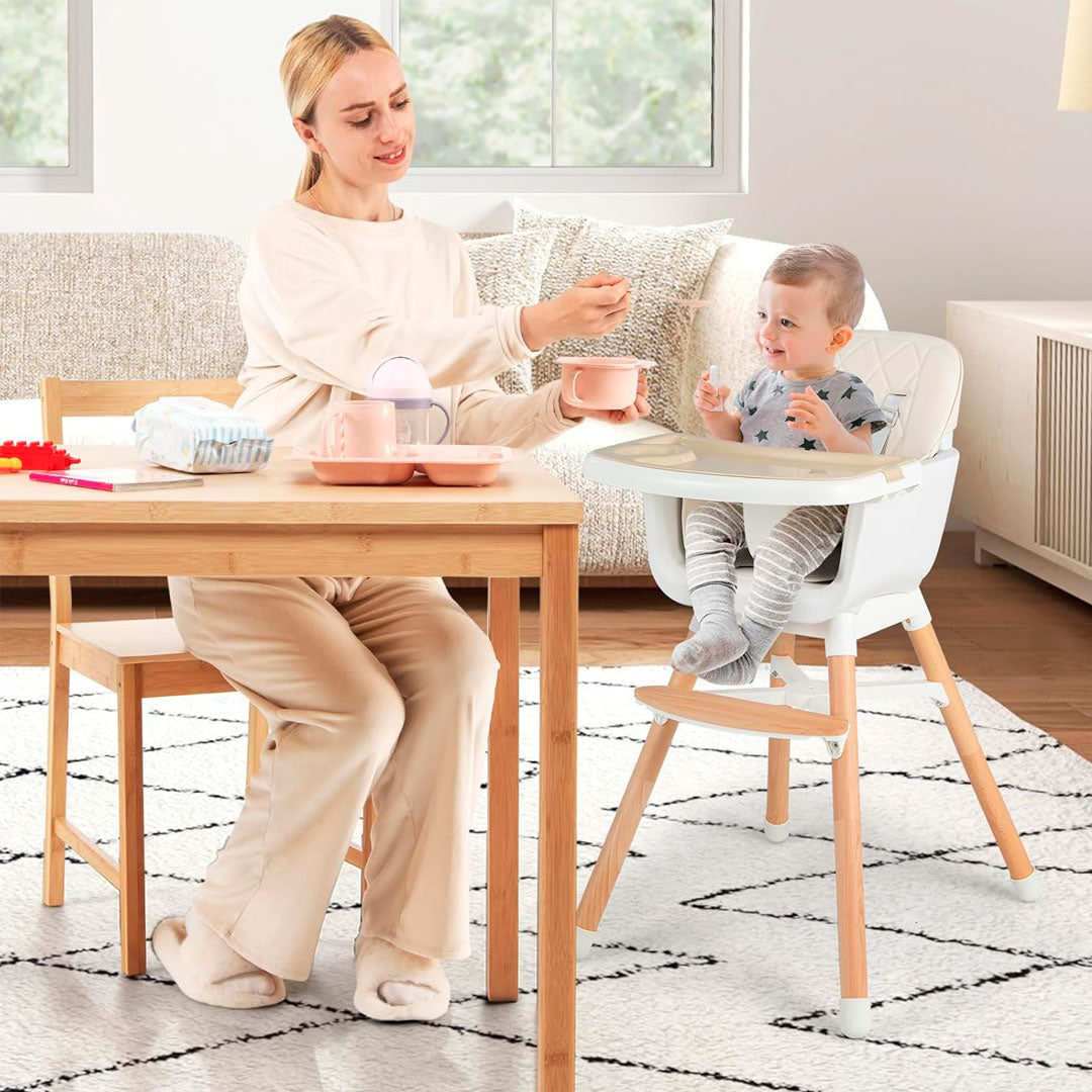 Silla comedor 3 en 1 con patas de madera, ajustable a silla alta, silla comedor y silla baja, doble bandeja extraíble, arnés de seguridad, forro impermeable