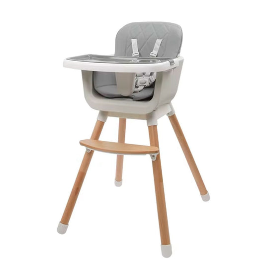 Silla comedor 3 en 1 con patas de madera, ajustable a silla alta, silla comedor y silla baja, doble bandeja extraíble, arnés de seguridad, forro impermeable