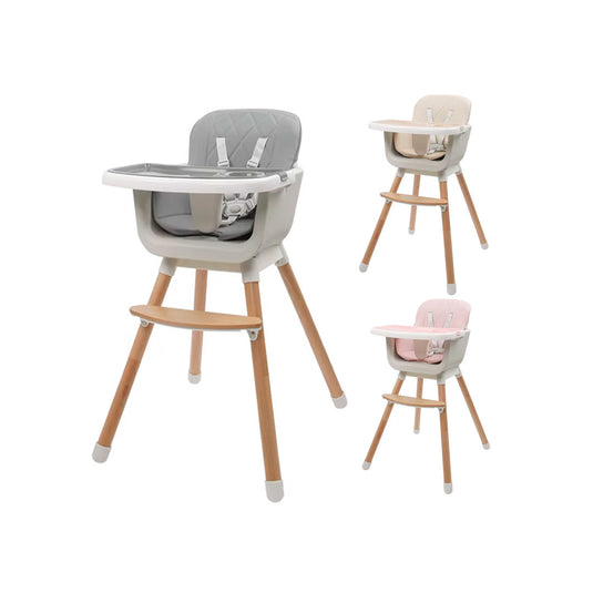 Silla comedor 3 en 1 con patas de madera, ajustable a silla alta, silla comedor y silla baja, doble bandeja extraíble, arnés de seguridad, forro impermeable