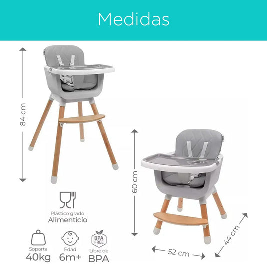 Silla comedor 3 en 1 con patas de madera, ajustable a silla alta, silla comedor y silla baja, doble bandeja extraíble, arnés de seguridad, forro impermeable
